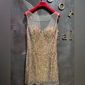 Holiday party ready Jovani pink & gold sequin mini dress size 14
